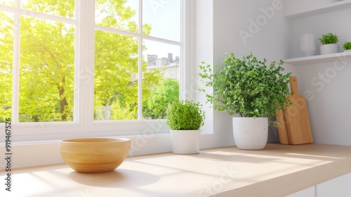 A serene kitchen displays a wooden board, white bowls, and a potted plant, offering perfect space for product presentation with natural light