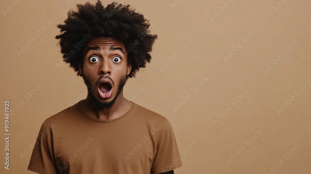 Expressive portrait of a young man with an afro hairstyle showing extreme surprise, his mouth wide open and eyes bulging against a neutral beige background. Expressive portrait of a young man with an afro hairstyle showing extreme surprise, his mouth wide open and eyes bulging against a neutral beige background.