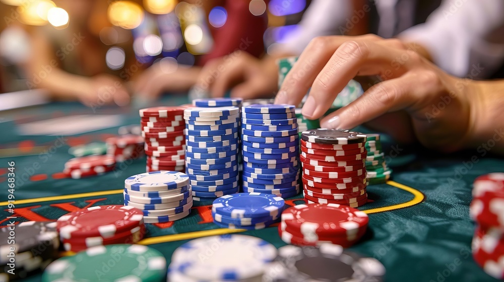 Close-up of hands handling poker chips on a casino table, showcasing a lively gambling environment with stacks of colorful chips. Close-up of hands handling poker chips on a casino table, showcasing a lively gambling environment with stacks of colorful chips.