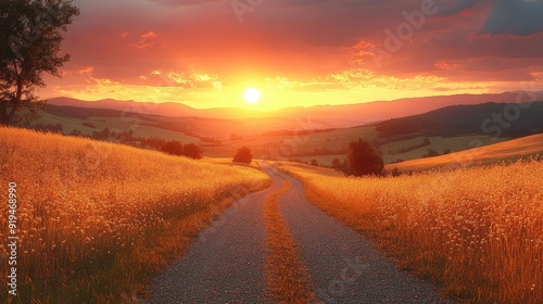 A sunset-lit road through a valley, with golden fields on either side sparkling in the light.