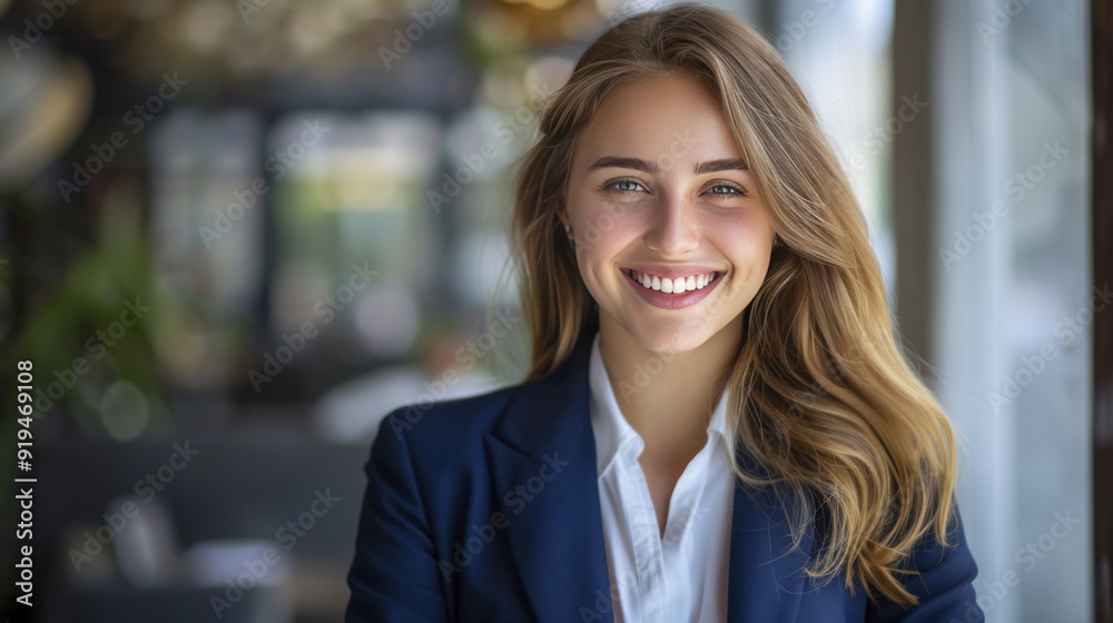 Fototapeta premium Young professional woman with long brown hair smiles confidently in an office setting with copy space.