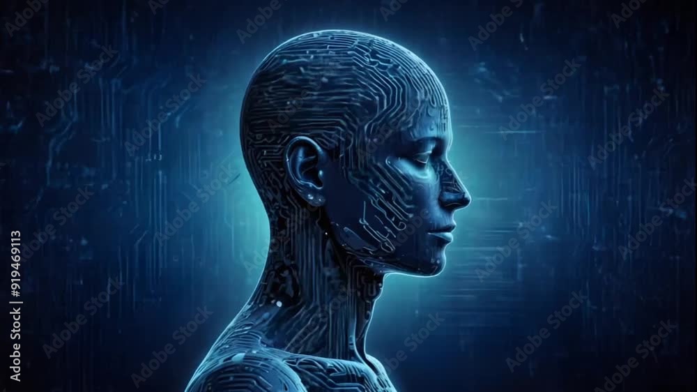 Loop of a head silhouette made up of data streams and circuit board patterns against a dark blue background, representing the concept of artificial intelligence and machine learning looping video Loop of a head silhouette made up of data streams and circuit board patterns against a dark blue background, representing the concept of artificial intelligence and machine learning looping video
