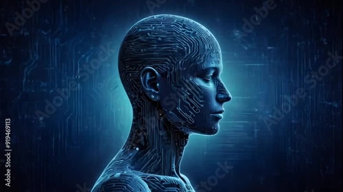 Loop of a head silhouette made up of data streams and circuit board patterns against a dark blue background, representing the concept of artificial intelligence and machine learning looping video