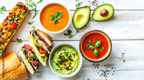 Vegetarian healthy food: soup and vegan sandwiches with avocado Variety of cuisine dishes, produce, and natural foods on the table Close-up of soup in bowl on table,Manasseh,Virginia, Generative AI photo