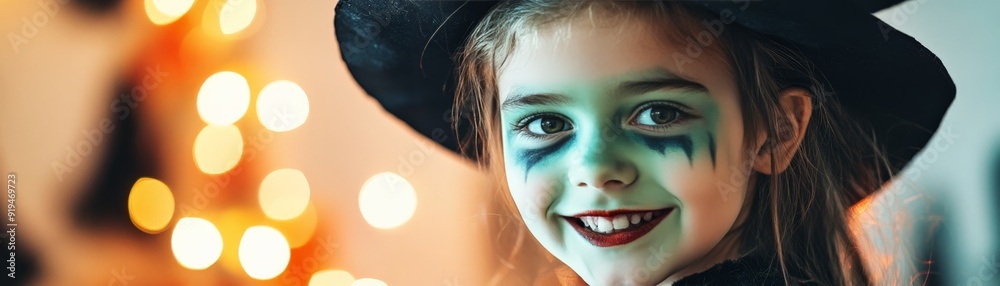 Smiling child dressed as a witch with green face paint and a black hat, glowing lights in the background, celebrating Halloween. Smiling child dressed as a witch with green face paint and a black hat, glowing lights in the background, celebrating Halloween.