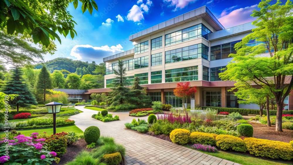 Serene hospital building surrounded by lush green trees and vibrant flora, exuding a sense of peace and tranquility in a natural oasis setting. Serene hospital building surrounded by lush green trees and vibrant flora, exuding a sense of peace and tranquility in a natural oasis setting.