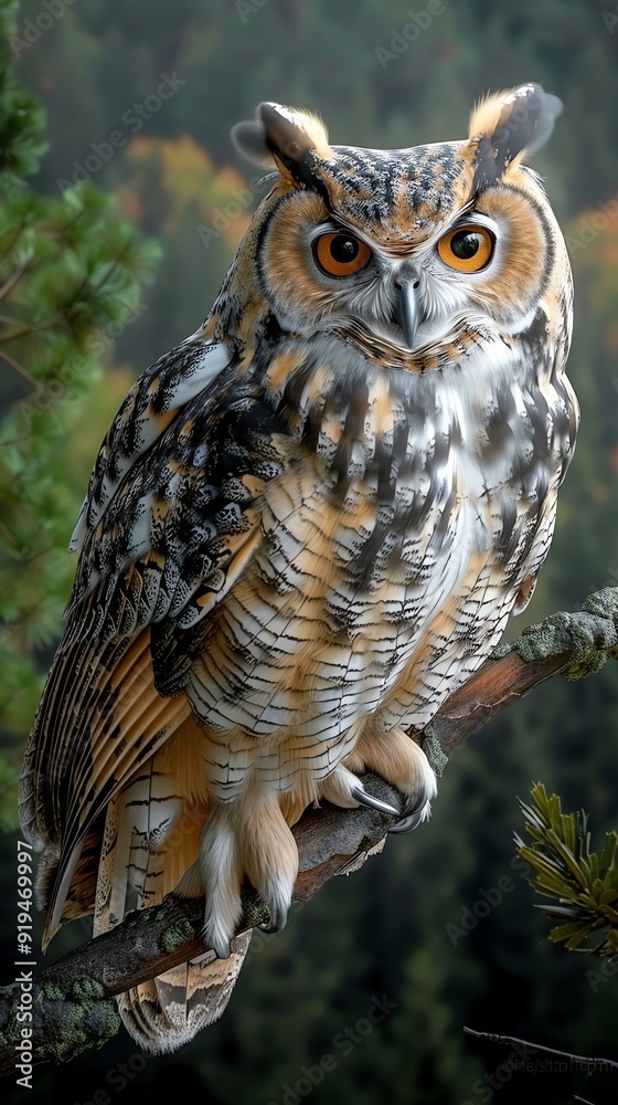 Fototapeta premium Close-up of a majestic owl perched on a branch with a blurred forest background, showcasing its striking feathers and piercing eyes.