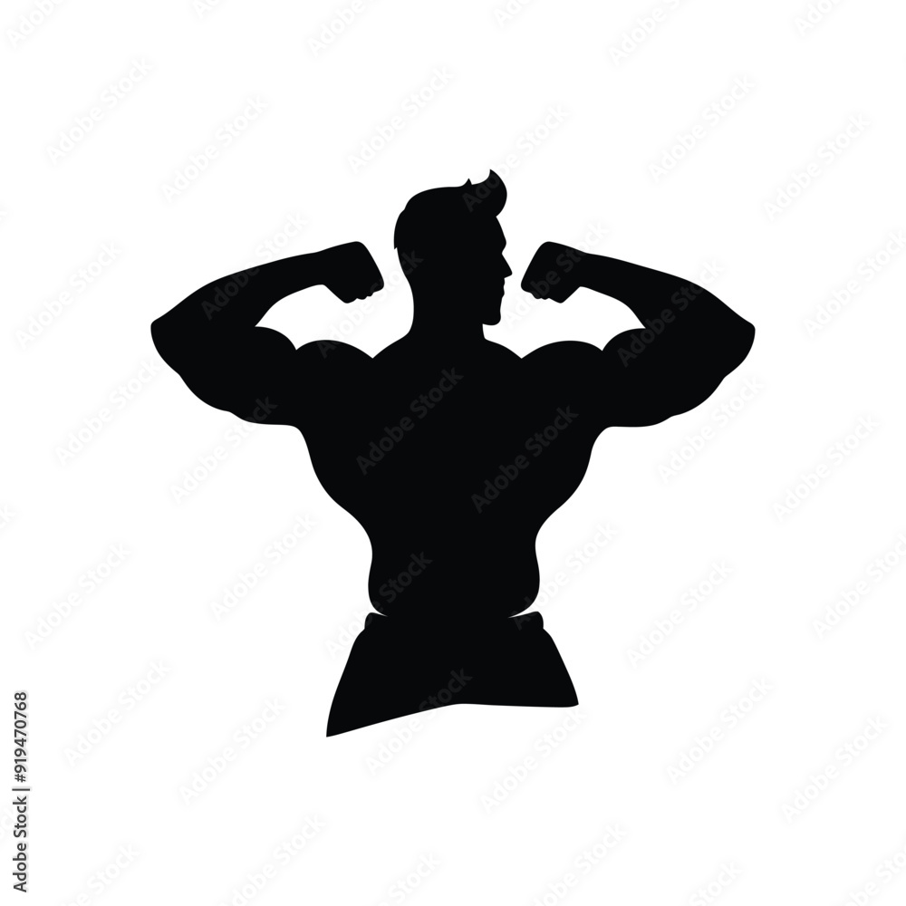 Fototapeta premium Silhouette of a body builder man vector illustration, Muscular bodybuilder vector silhouette illustration isolated on white background. Sport man strong arms show in different pose., Body builder