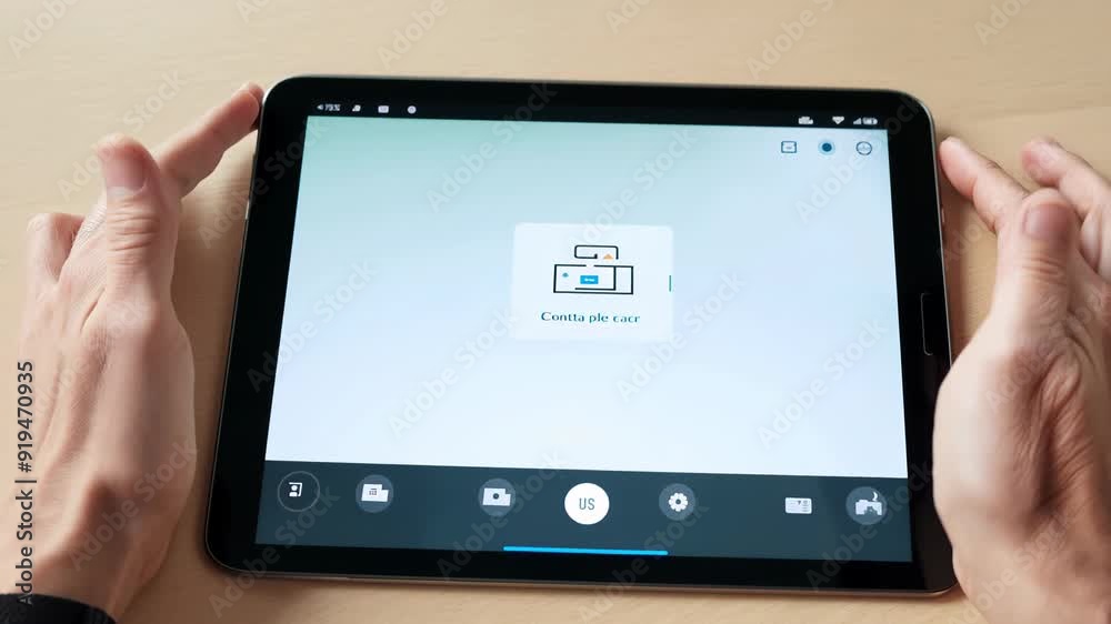 Man holding tablet with video recording app open Man holding tablet with video recording app open
