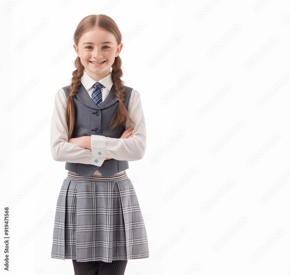 Full body photo of positive student girl. wear uniform shoes isolated white background. Full body photo of positive student girl. wear uniform shoes isolated white background.