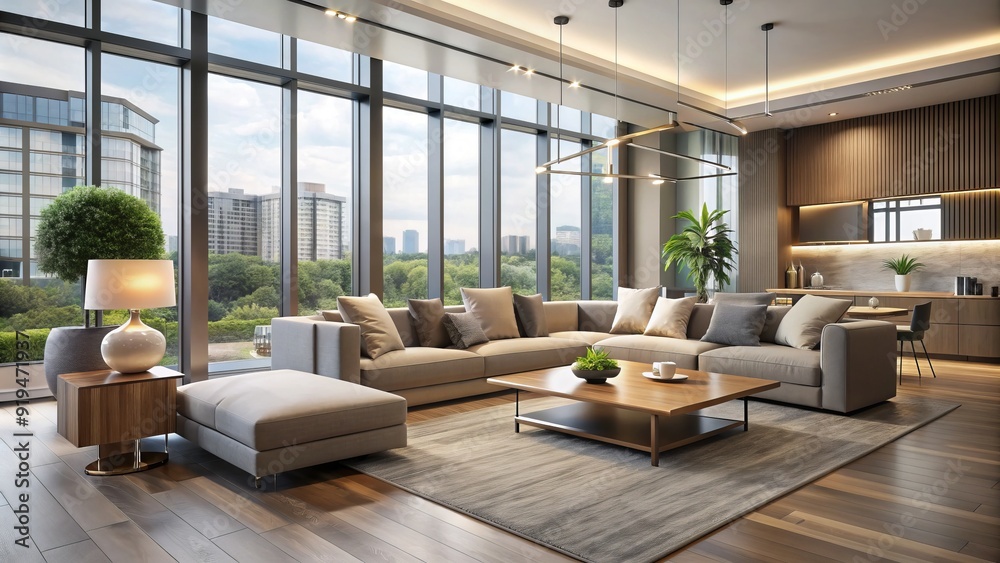 Sleek modern living room boasts a spacious open floor plan, floor-to-ceiling windows, and a stylish gray and beige color scheme with minimalist decor. Sleek modern living room boasts a spacious open floor plan, floor-to-ceiling windows, and a stylish gray and beige color scheme with minimalist decor.