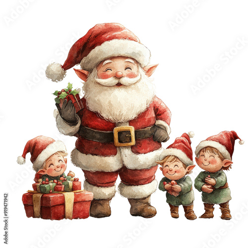 Santa Claus with elves, festive environment, watercolor style, isolated on white background 