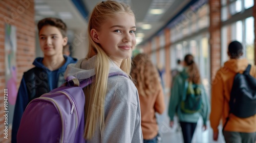The girl with purple backpack.