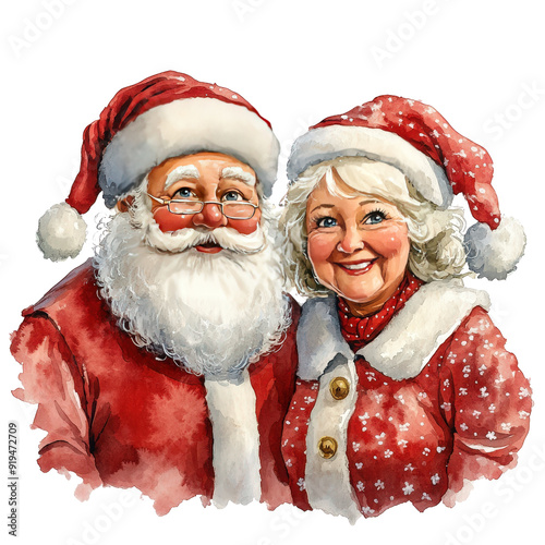 Santa Claus and Mrs. Claus, Christmas characters, watercolor illustration