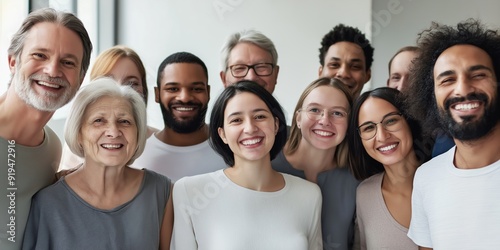 A group of people are smiling for the camera. The group is diverse, with people of different ages and races. Scene is happy and friendly, as everyone is posing together and enjoying the moment