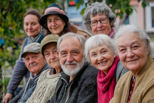 A group of older people are smiling for the camera. They are all wearing hats and scarves