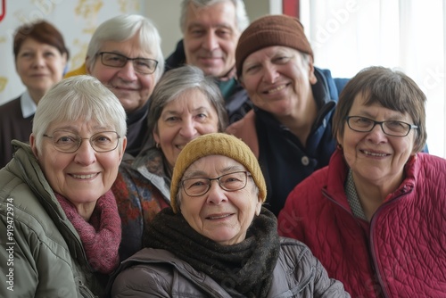 A group of older people are smiling for the camera. They are wearing hats and jackets, and some of them are wearing glasses. Scene is cheerful and friendly