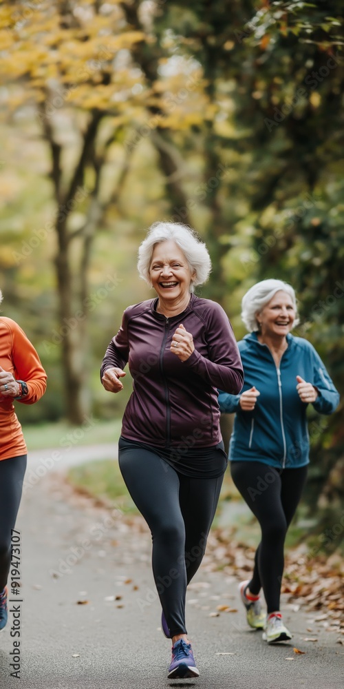 Obraz premium Three women are running in a park. One of them is wearing a purple jacket. The other two are wearing blue jackets. They are all smiling and enjoying their run