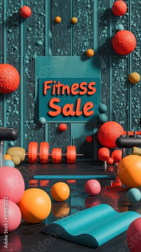 A colorful arrangement of fitness equipment highlights a special sale event, attracting health-conscious shoppers
