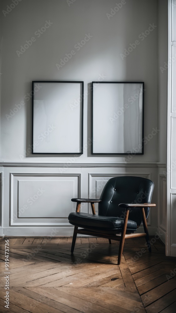 A chair in a room with two framed pictures on the wall, AI