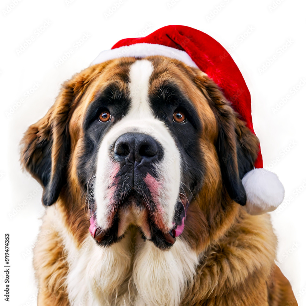 Close-Up of Saint Bernard Dog with Santa Hat Isolated on Transparent Background
Close-Up of Saint Bernard Dog with Santa Hat Isolated on Transparent Background