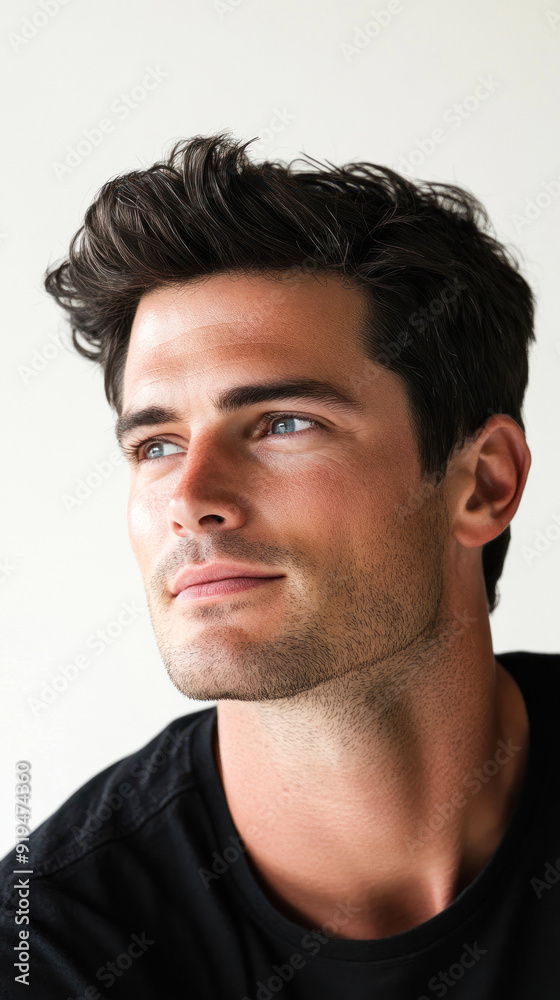 Fototapeta premium Man with blue eyes looking thoughtful to the side.