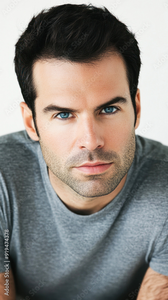 Man with blue eyes in grey shirt looking serious. Man with blue eyes in grey shirt looking serious.