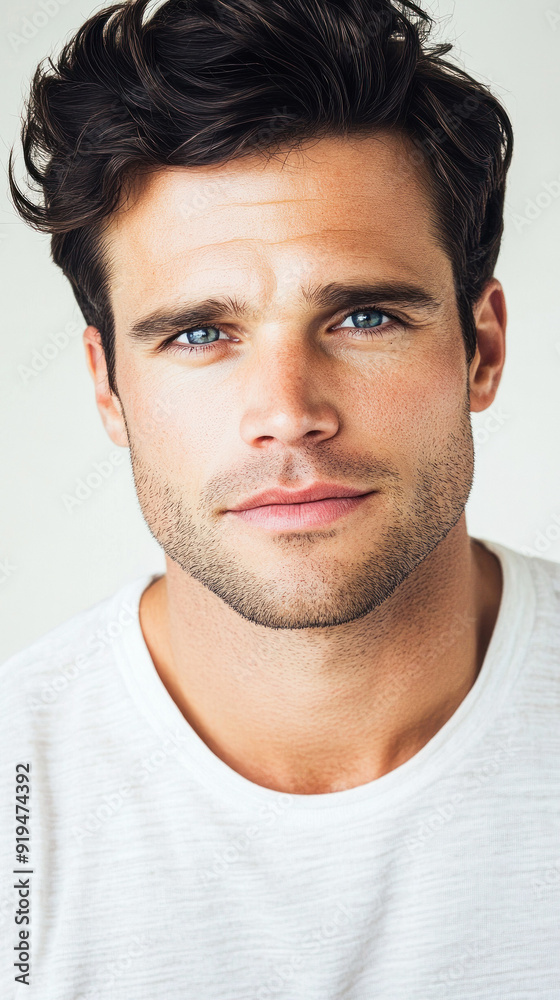 Fototapeta premium Young man with piercing blue eyes and dark hair.