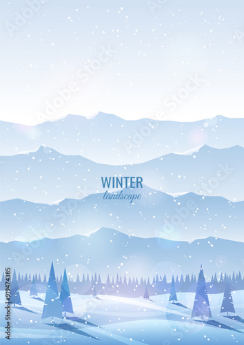 Winter mountain landscape. High mountains and a snowy valley. Spruce trees in snowdrifts. Foggy landscape. The concept of tourism, mountain hiking, active recreation in winter.