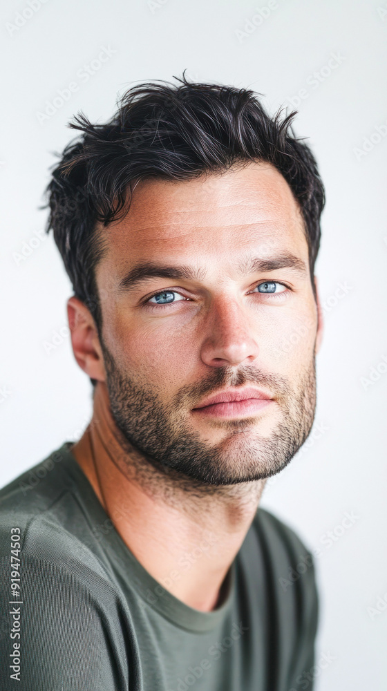 Man in green tee with relaxed expression Man in green tee with relaxed expression