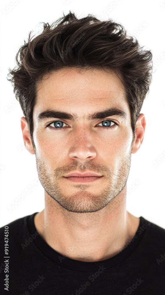 Fototapeta premium Focused man with clear blue eyes in black tee