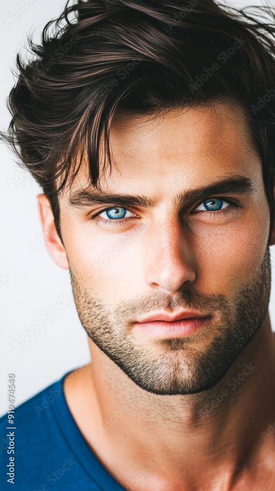 Man with intense blue eyes and tousled dark hair Man with intense blue eyes and tousled dark hair