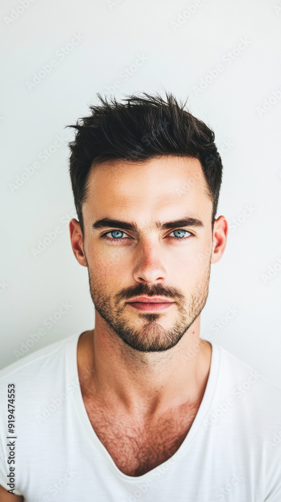 Confident man with trimmed beard wearing a white tee Confident man with trimmed beard wearing a white tee