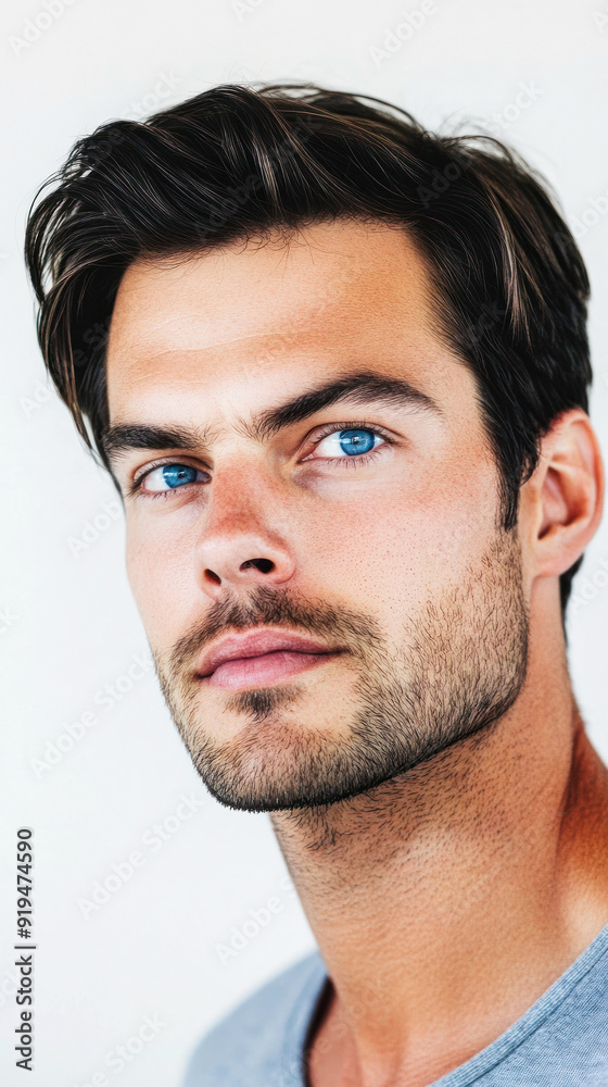 © GoodandEvil - Close-up image of a man with blue eyes in grey shirt.