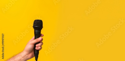 hand holding microphone over yellow background, panoramic mock up image