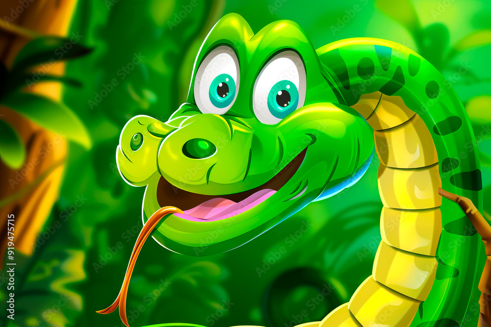 Fototapeta premium Cartoon cute green snake in the jungle. Symbol of the New Year to the Chinese calendar.