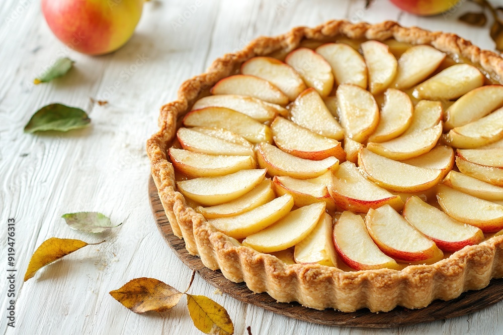 Homemade apple pie with golden crust on a rustic wooden table Homemade apple pie with golden crust on a rustic wooden table