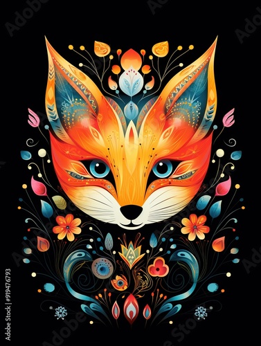 Colorful ornate fox head illustration with intricate floral patterns on a black background photo