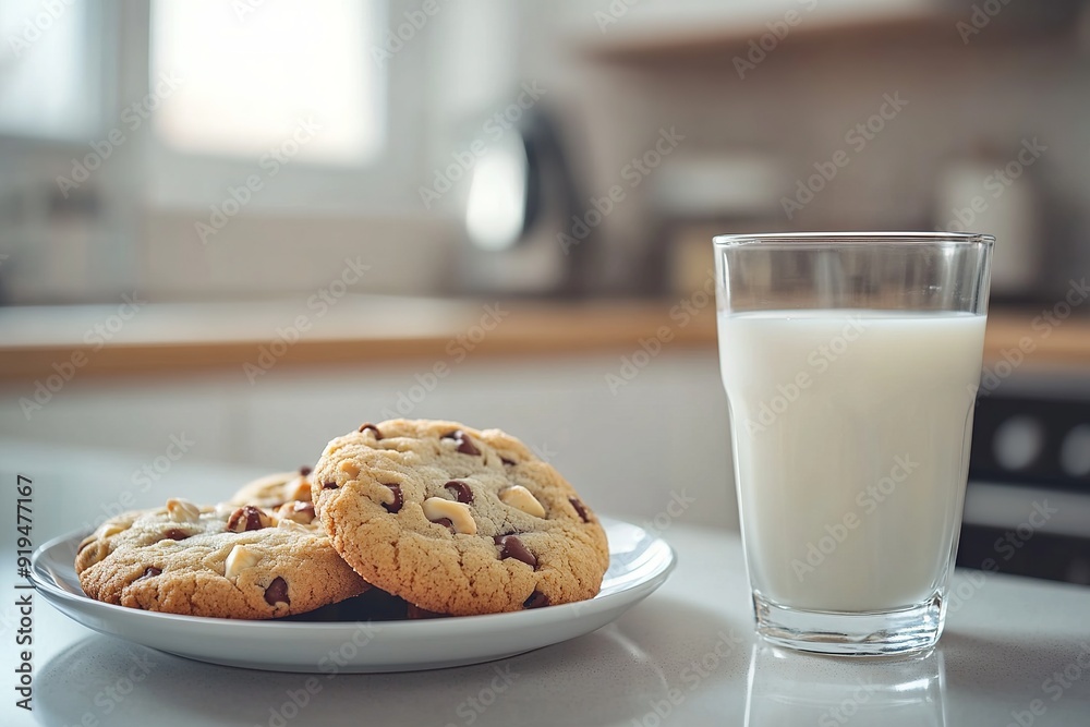 Macadamia nut cookies with a glass of milk on a white surface Macadamia nut cookies with a glass of milk on a white surface