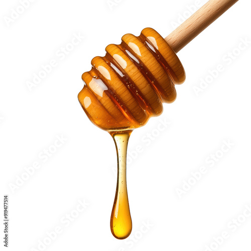A close-up of honey dripping from a wooden honey dipper, showcasing its rich color and texture, isolated on a transparent background.