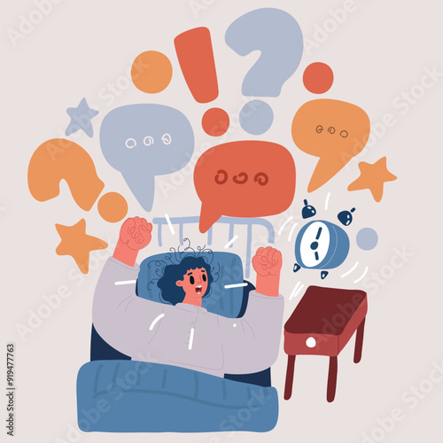 Cartoon vector illustration of woman turns off the alarm clock waking up in the morning.