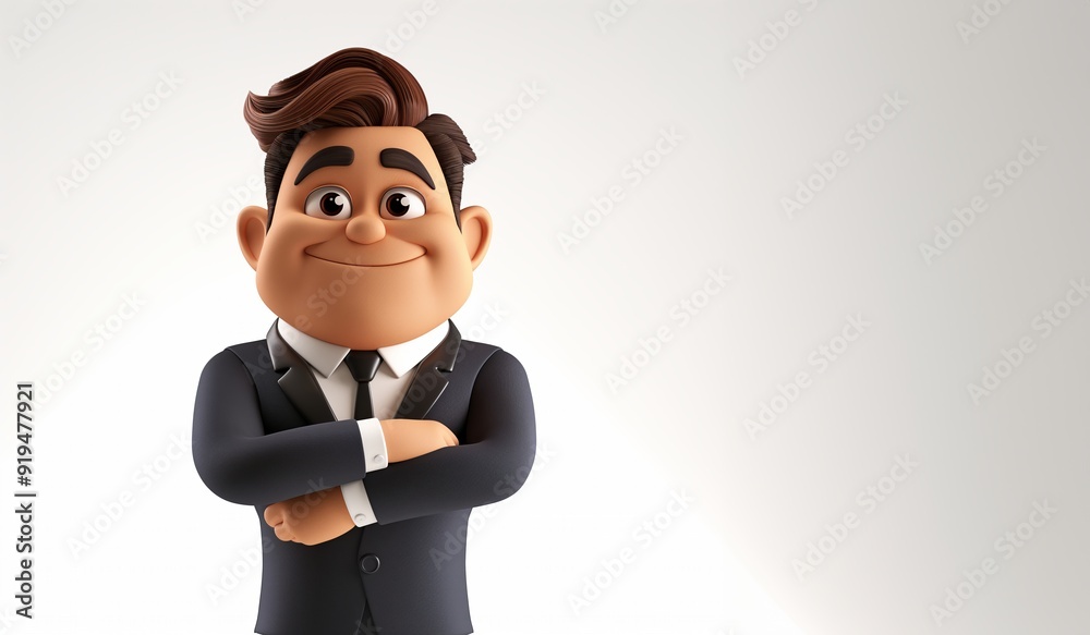 Happy smile cartoon character office businessman person in 3d style design pointing finger attention idea in blue suit on light background. Happy smile cartoon character office businessman person in 3d style design pointing finger attention idea in blue suit on light background.