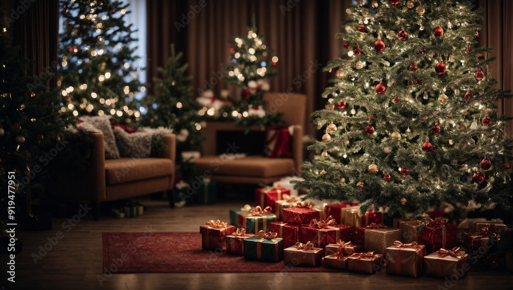 Christmas Eve Glow: A majestic Christmas tree twinkles, casting a warm glow on beautifully wrapped presents, evoking the magic and anticipation of Christmas Eve. Christmas Eve Glow: A majestic Christmas tree twinkles, casting a warm glow on beautifully wrapped presents, evoking the magic and anticipation of Christmas Eve.