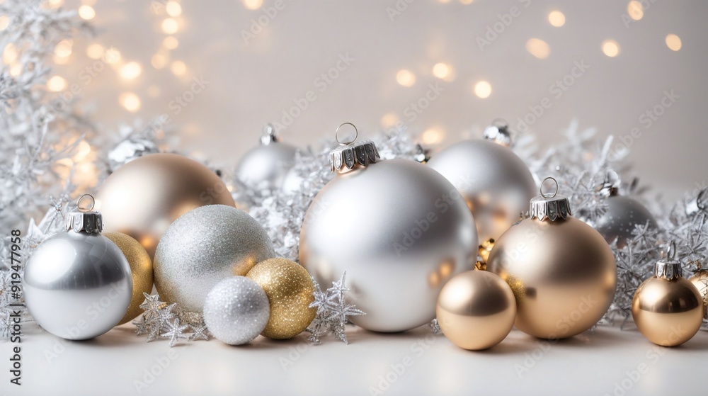 Winter Wonderland Ornament Display: A delicate collection of white and gold Christmas ornaments, nestled in a bed of white crinkled paper, evokes a sense of festive elegance and classic holiday charm. Winter Wonderland Ornament Display: A delicate collection of white and gold Christmas ornaments, nestled in a bed of white crinkled paper, evokes a sense of festive elegance and classic holiday charm.
