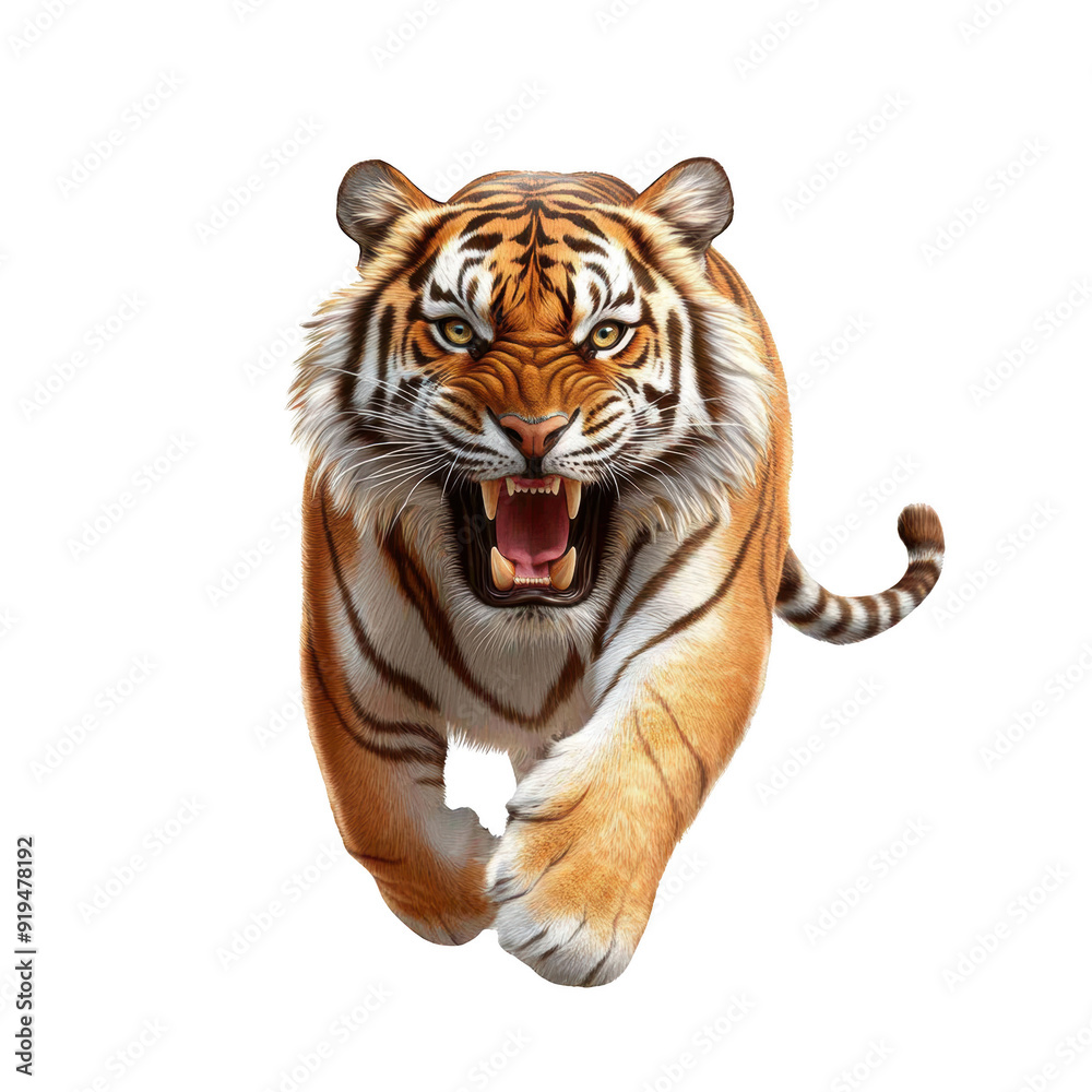 Obraz premium A fierce tiger charging forward, showcasing its strength and majestic beauty in a dynamic pose. isolated on a transparent background.