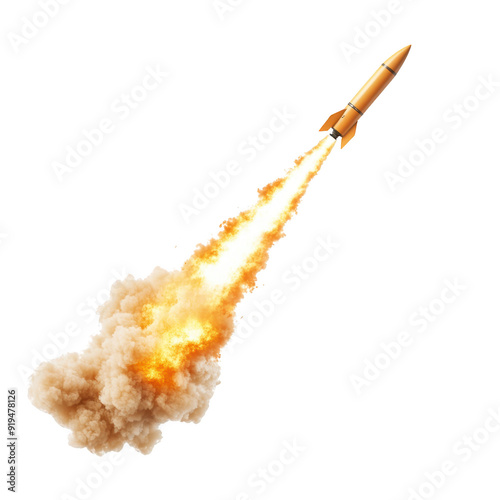A dynamic rocket launching with vibrant flames and smoke, symbolizing speed, power, and innovation in technology and exploration. isolated on a transparent background.