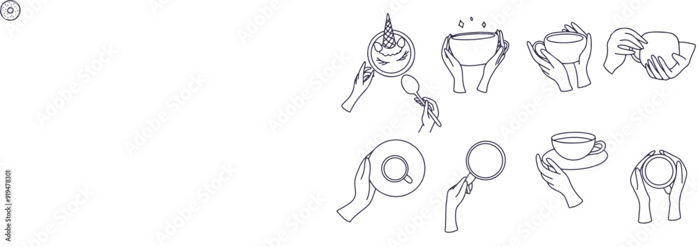 Line set illustrations of hands holding cups. Vector icons isolated on white background. Line set illustrations of hands holding cups. Vector icons isolated on white background.