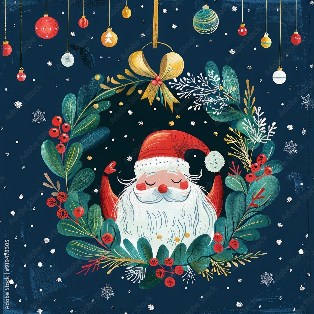 Christmas card design with hanging bauble, wreath and santa