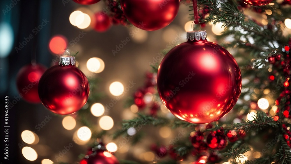 Christmas Sparkle: Red and Silver Ornaments Adorn a Glowing Christmas Tree Christmas Sparkle: Red and Silver Ornaments Adorn a Glowing Christmas Tree