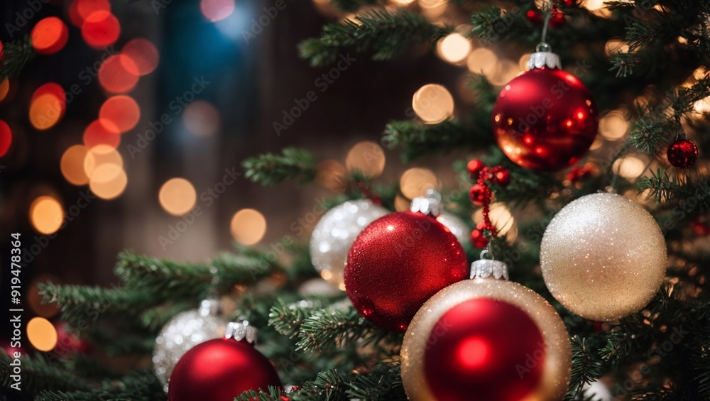Christmas Sparkle: Red and Silver Ornaments Adorn a Glowing Christmas Tree Christmas Sparkle: Red and Silver Ornaments Adorn a Glowing Christmas Tree